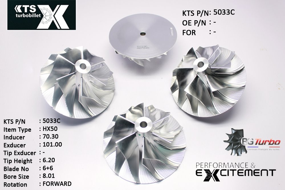 Turbo ROUE FORGÉE MFS PERFORMANCE - 6+6 PALES - INDUCER : 70,3 - EXDUCER : 101 - TYPE : HX50ANGLE : 60° - ROTATION : Forward - SUPER BACK : 0 - BORE SIZE : 8,01
